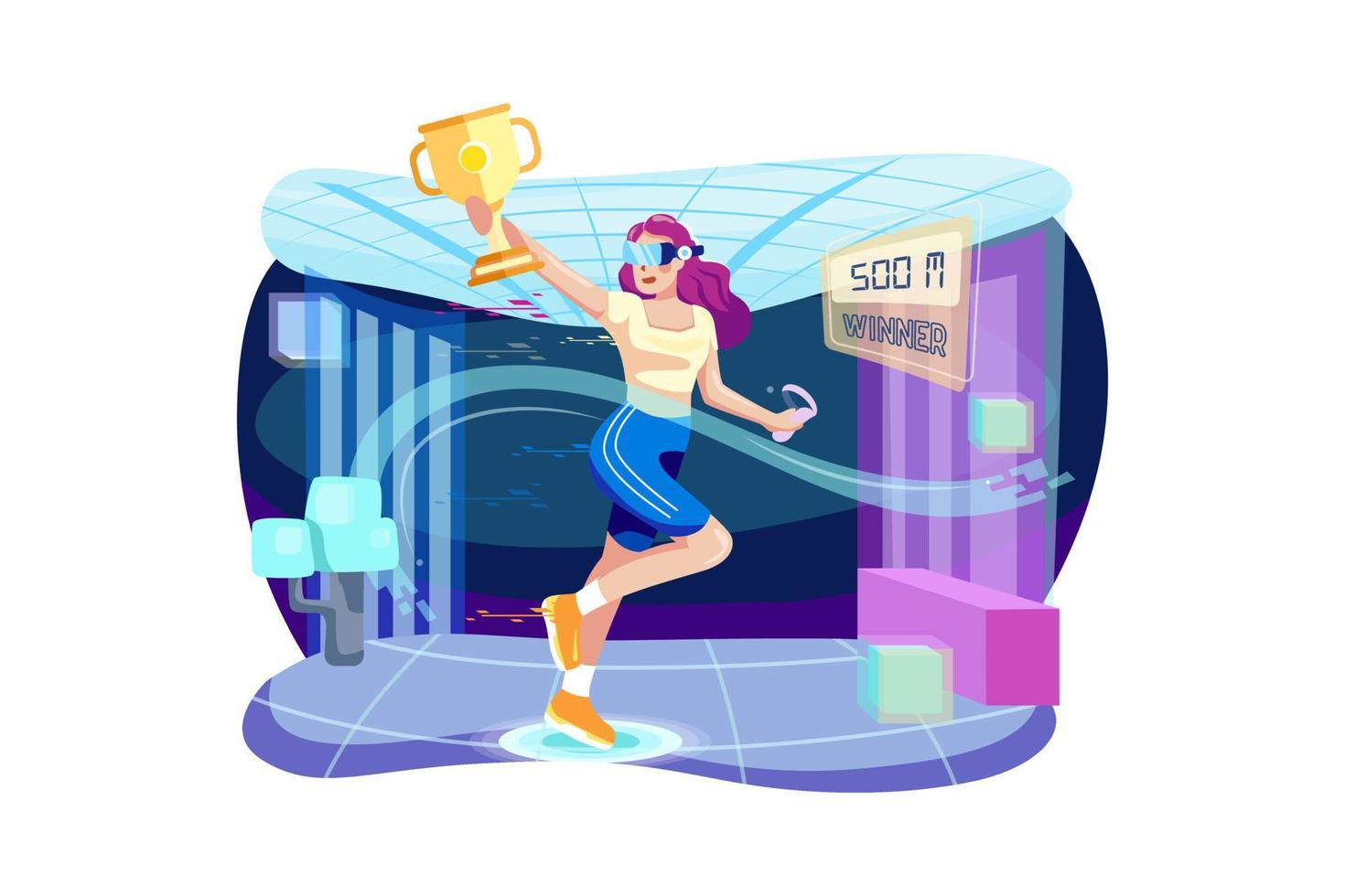 Girl winning the running race by wearing VR headset vector