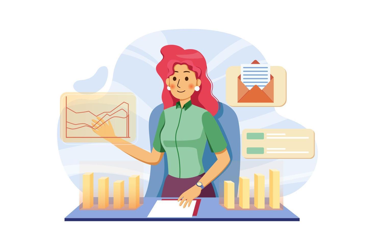 Business lady analyzing financial income with desk chart vector