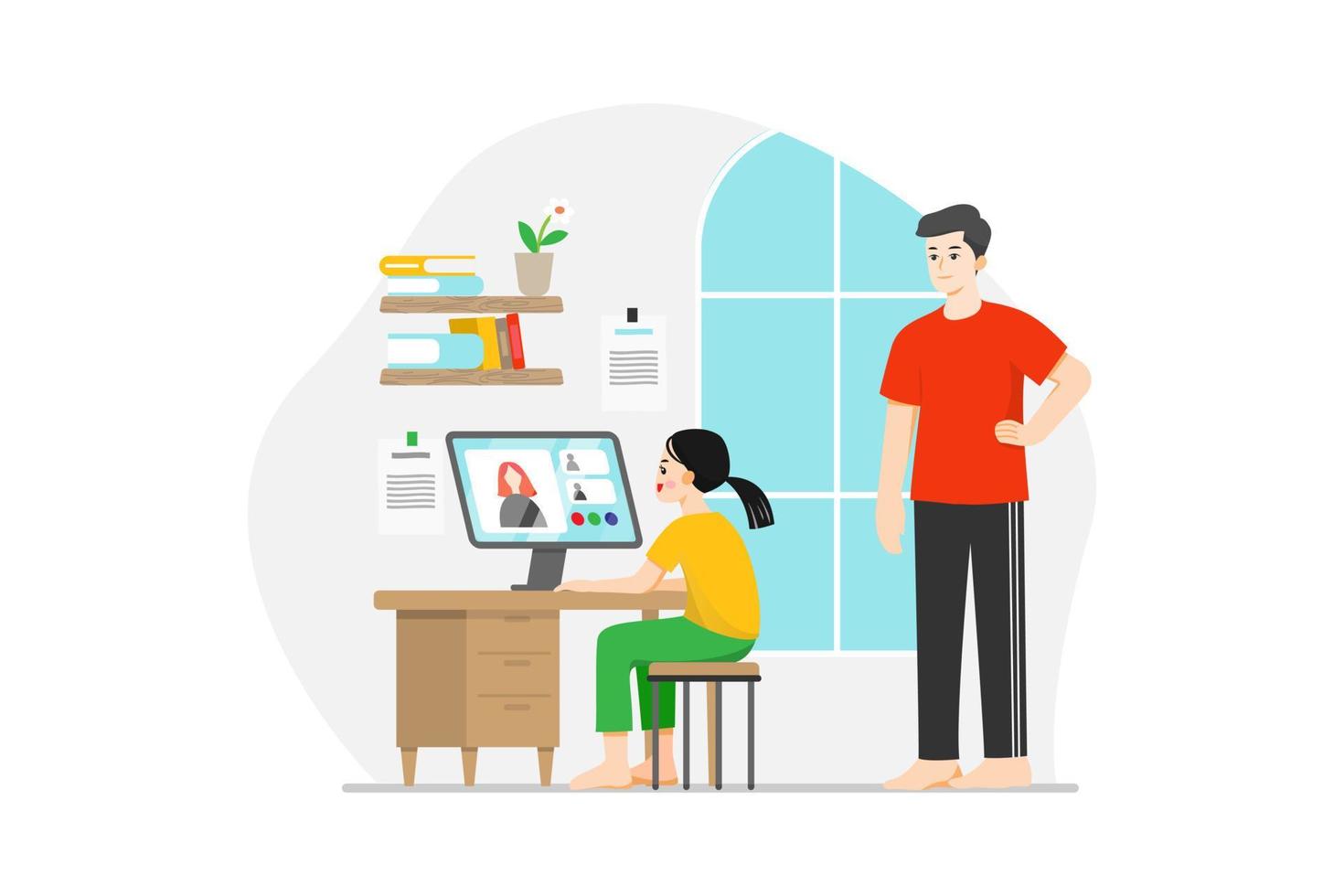 Dad watching his daughter having fun studying online in quarantine time vector