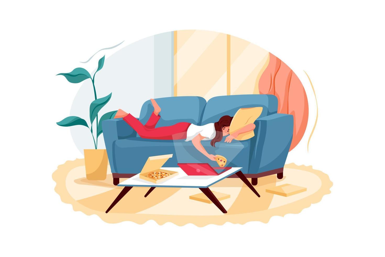 Relaxed young woman lying on a sofa watching a film on a laptop with a pizza delivery box vector