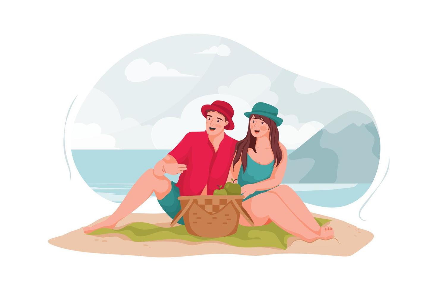Young couple having a picnic on the beach. vector