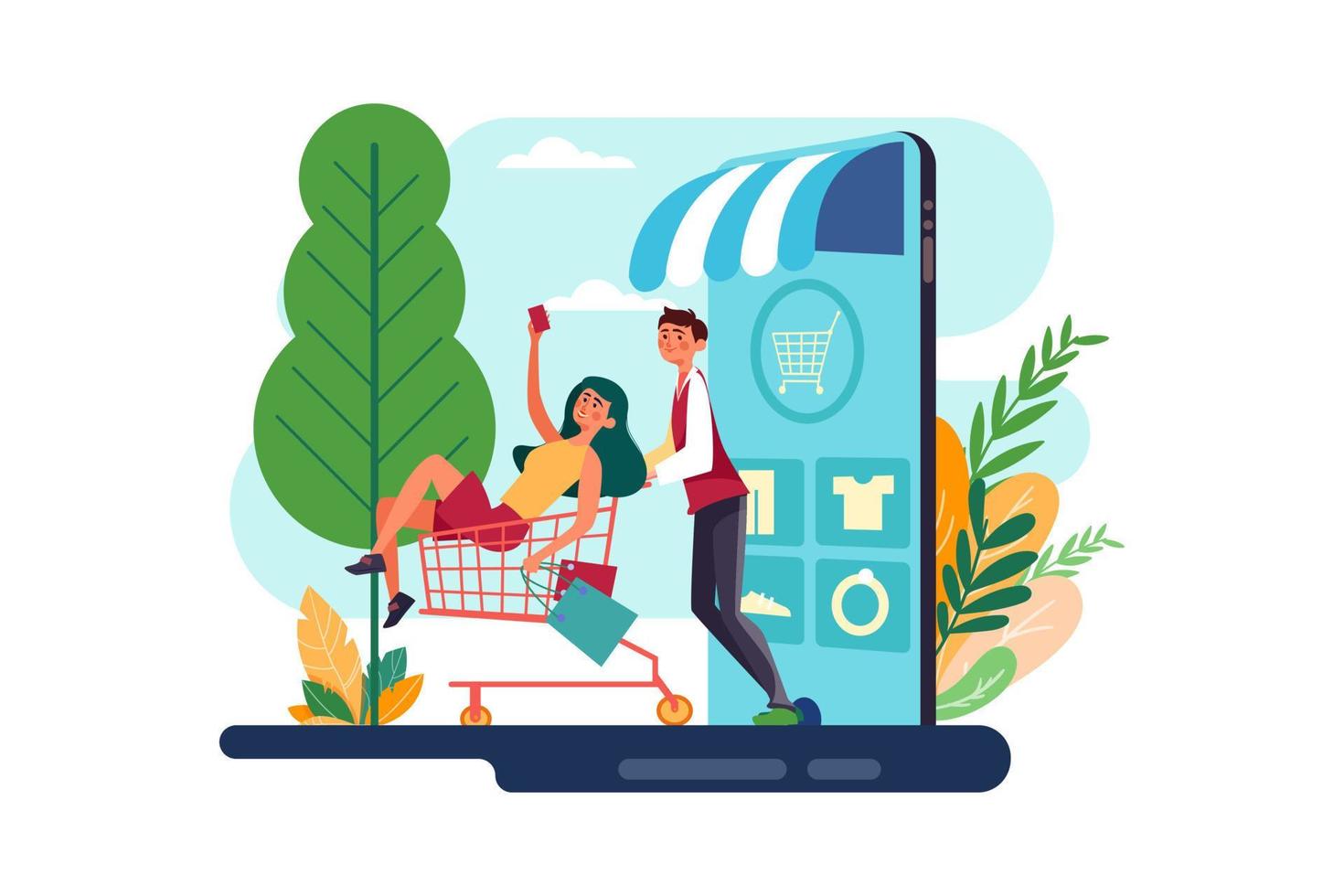 The couple goes shopping chart in a mobile online shop vector