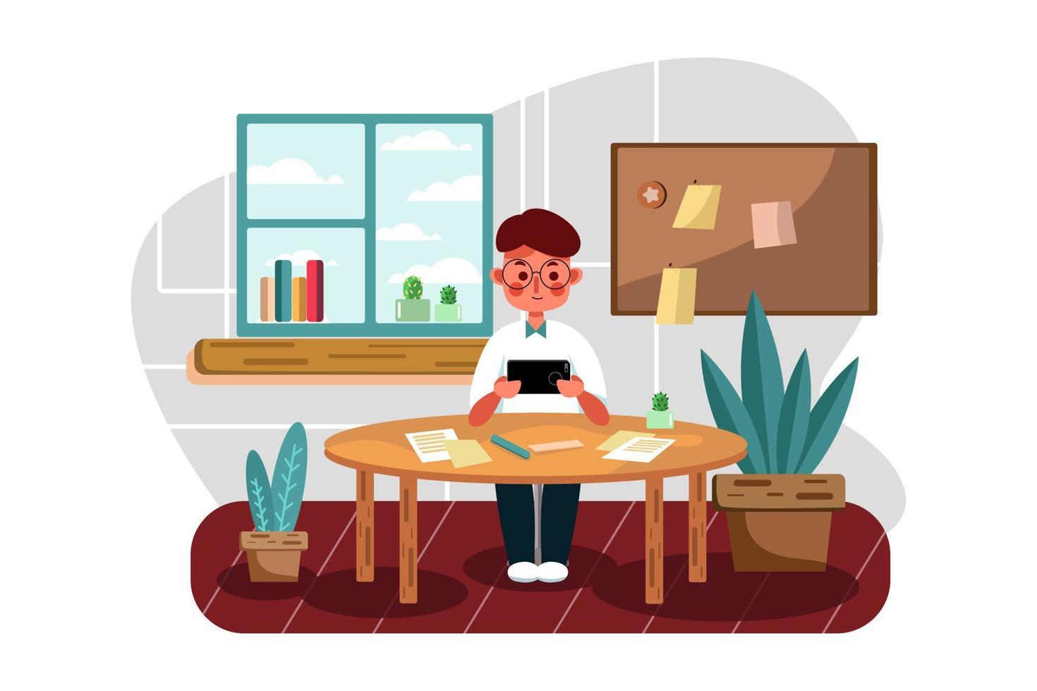 School boy learning online course on mobile vector
