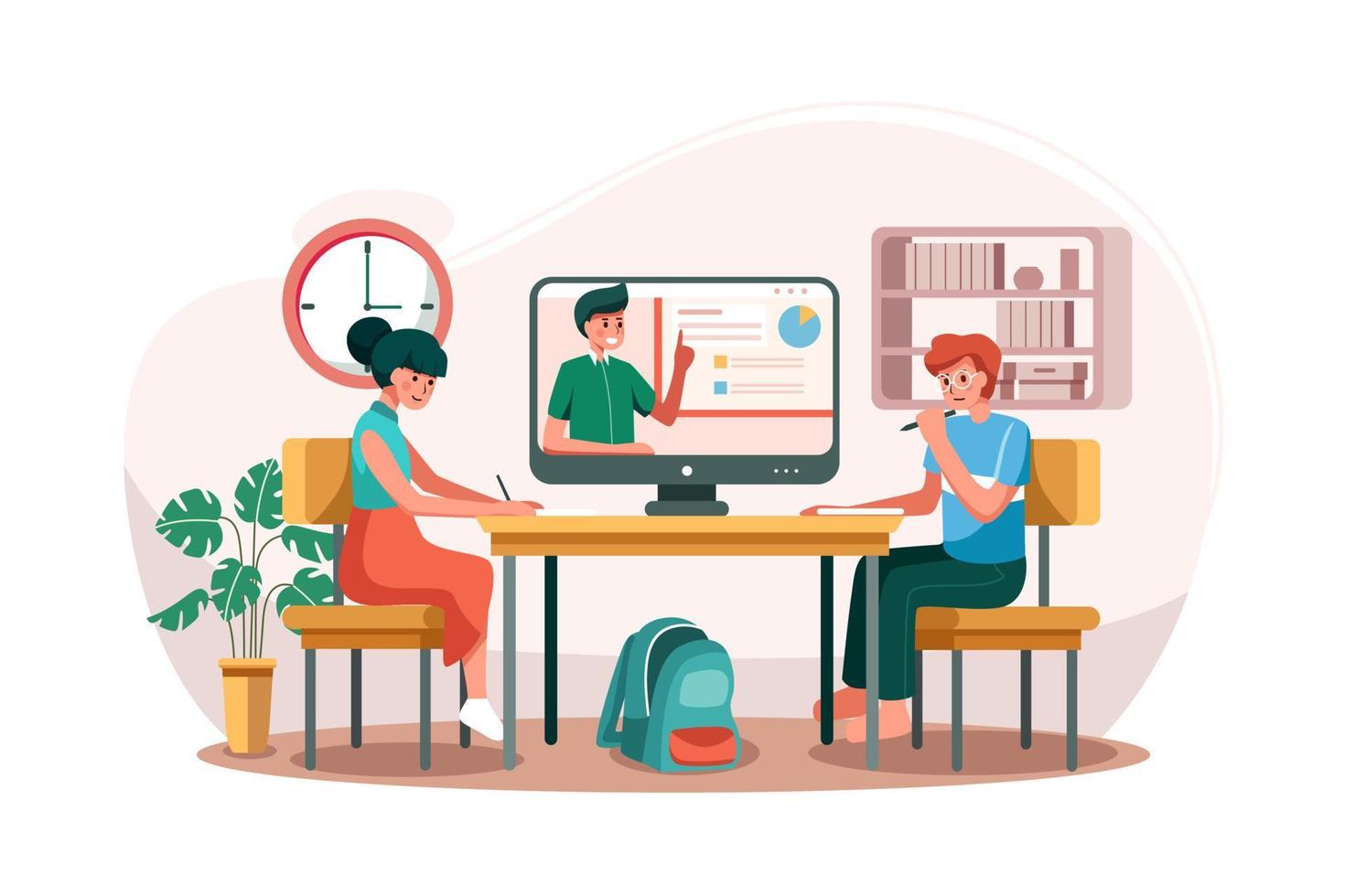 The boy and the girl learning online courses on the table. vector
