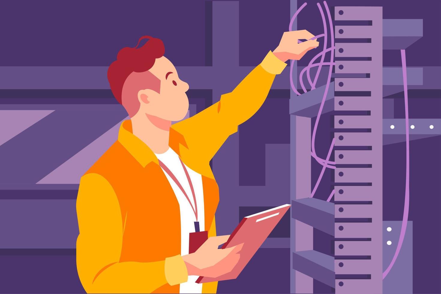 Engineer man verifying the optical fiber vector