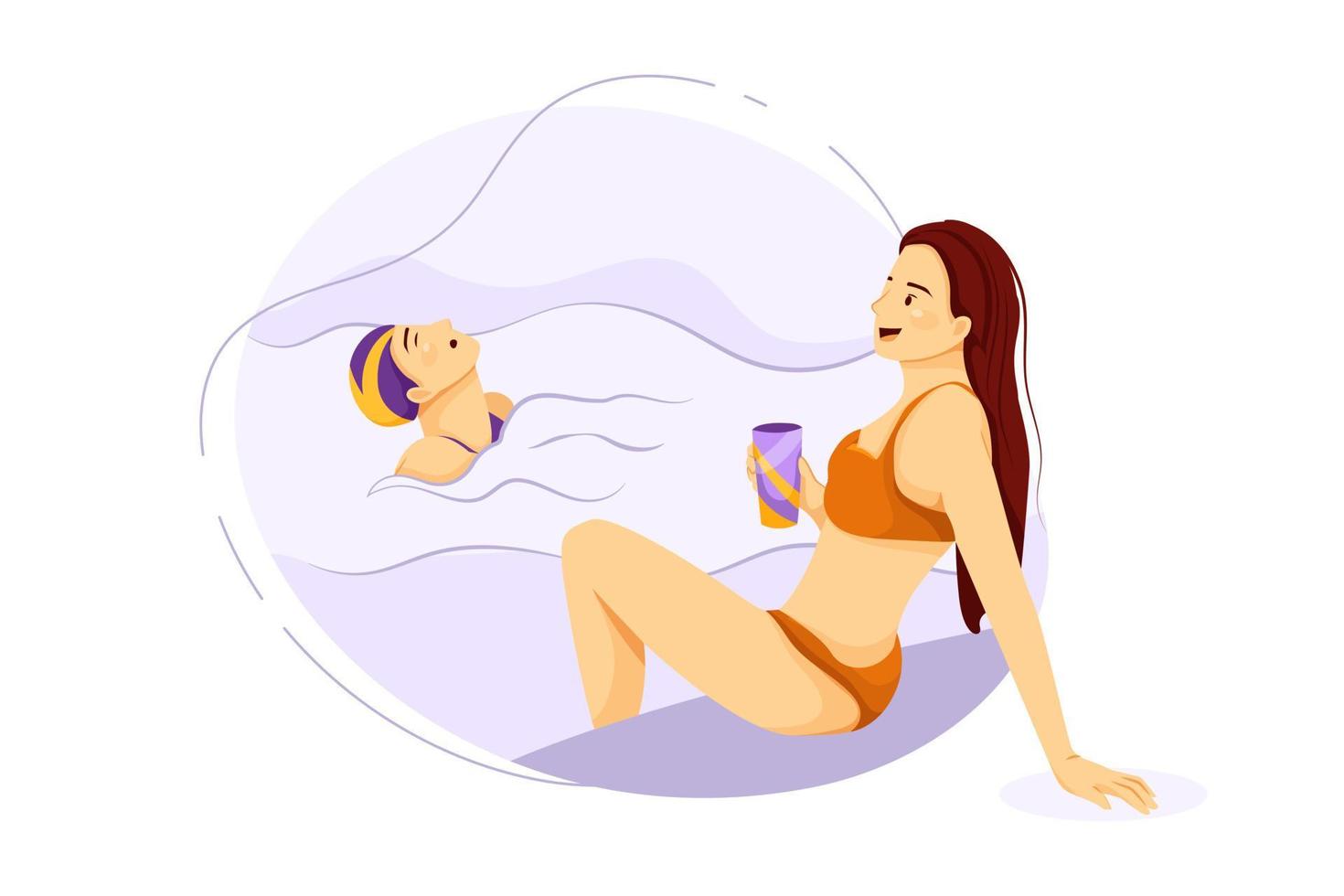 Young women resting and swimming at the swimming pool vector