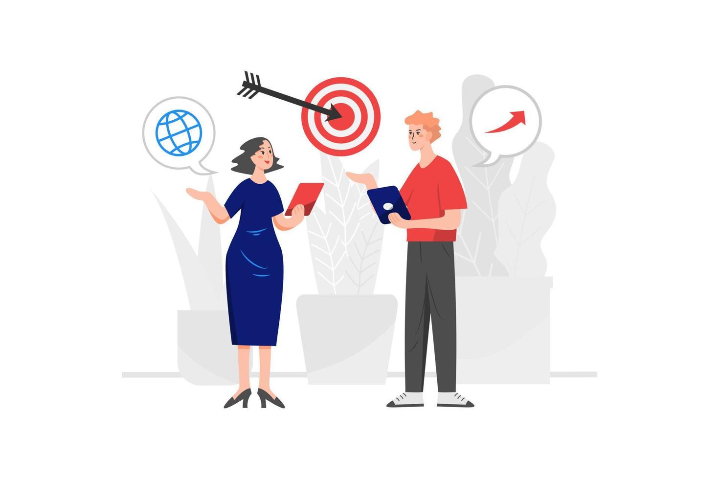 Two people holding tablets discussing the goals of the marketing campaign. vector