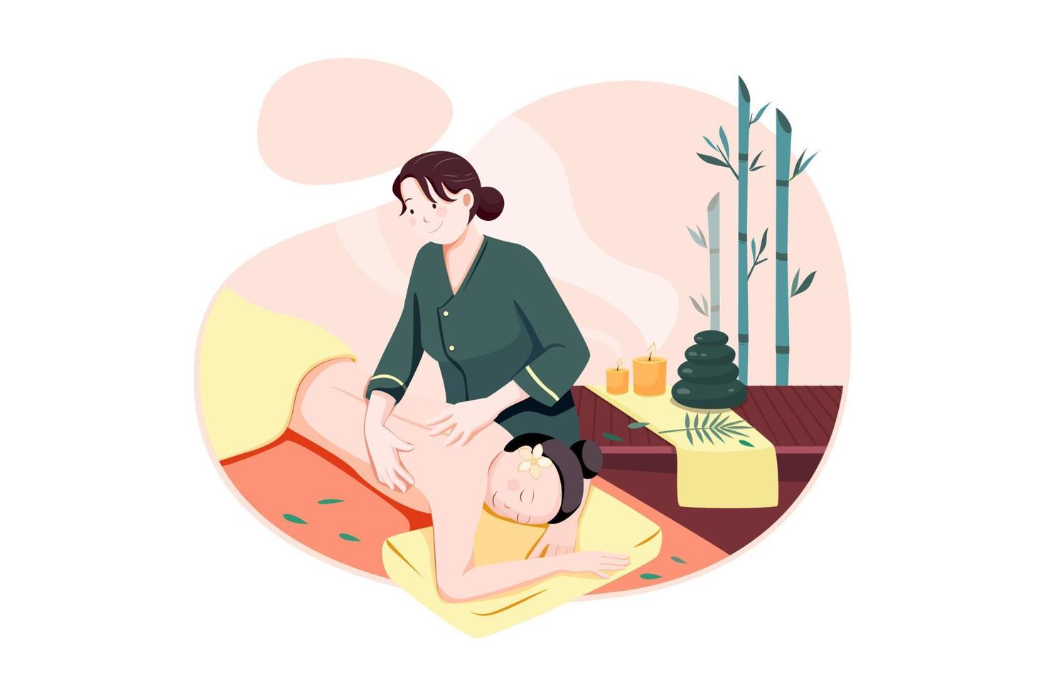 Massage therapist professional woman character doing exotic massage to happy smiling woman. vector