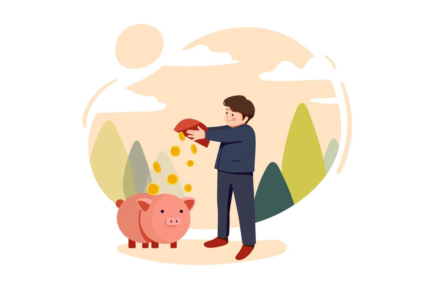 Businessman pouring coin into piggybank showing investment vector