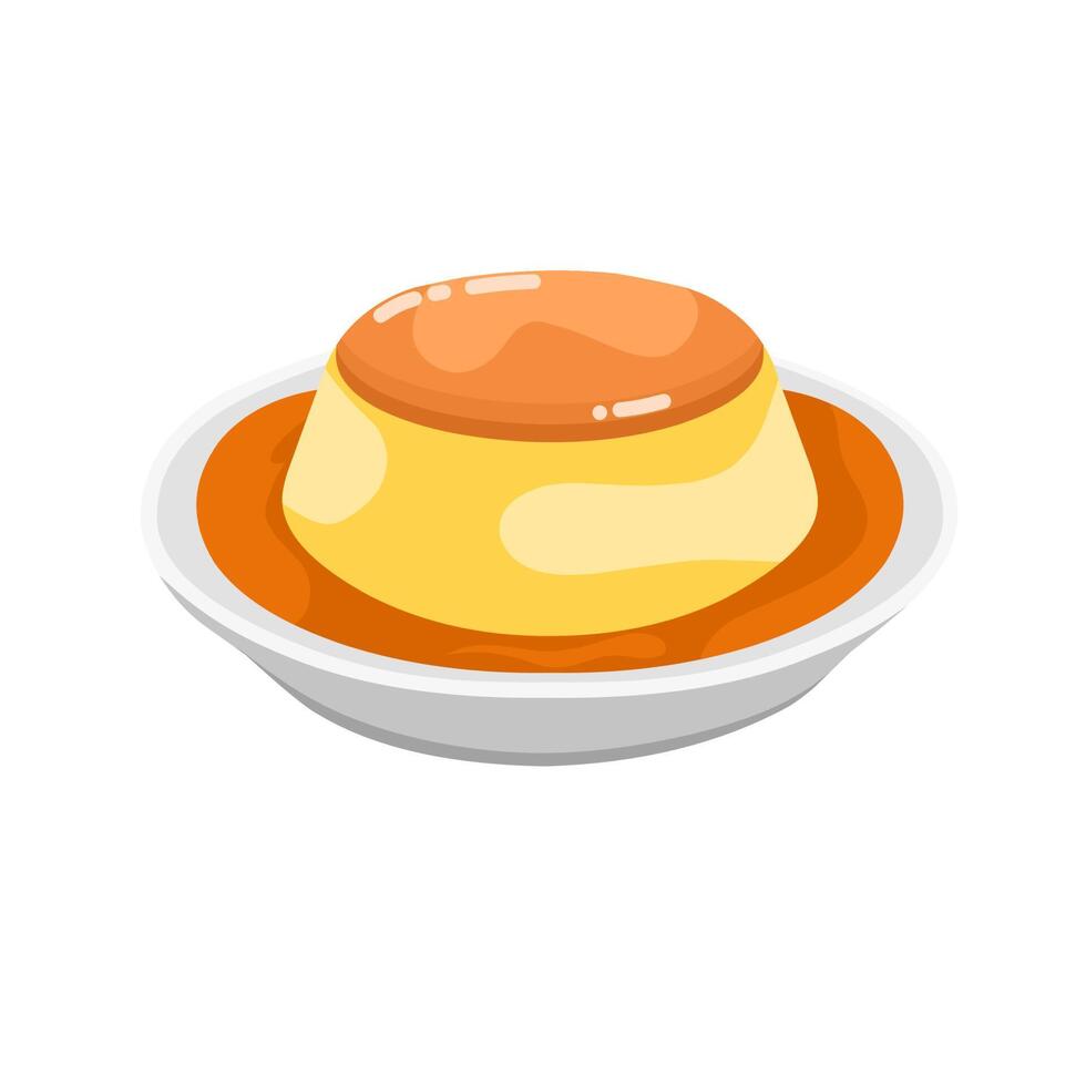 Vector illustration of caramel custard pudding. Pudding design in a plate made of eggs, milk and sugar. It is perfect for a sweet dessert. Isolated on a white background.