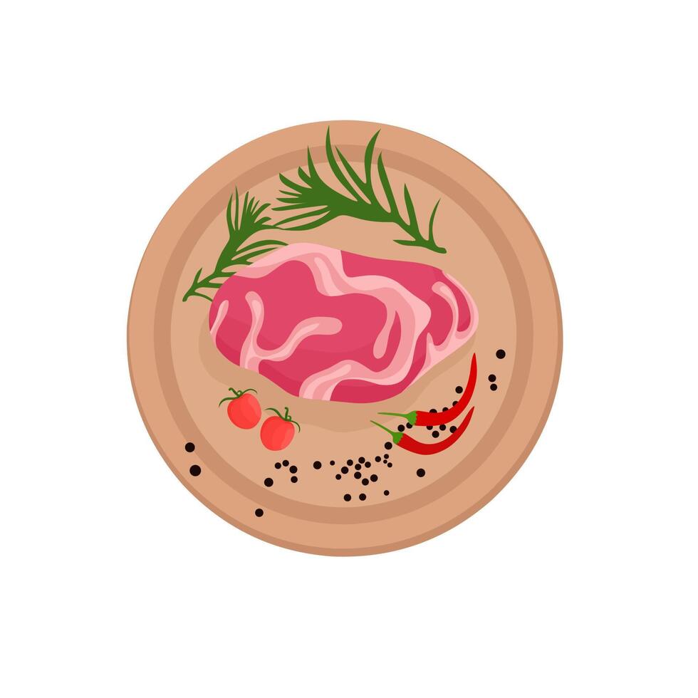Vector of beef tanderloin. Slice of fresh steak on a cutting board, with tomatoes, chilies and vegetables on top. Vector illustration in flat style. Great for burgers.
