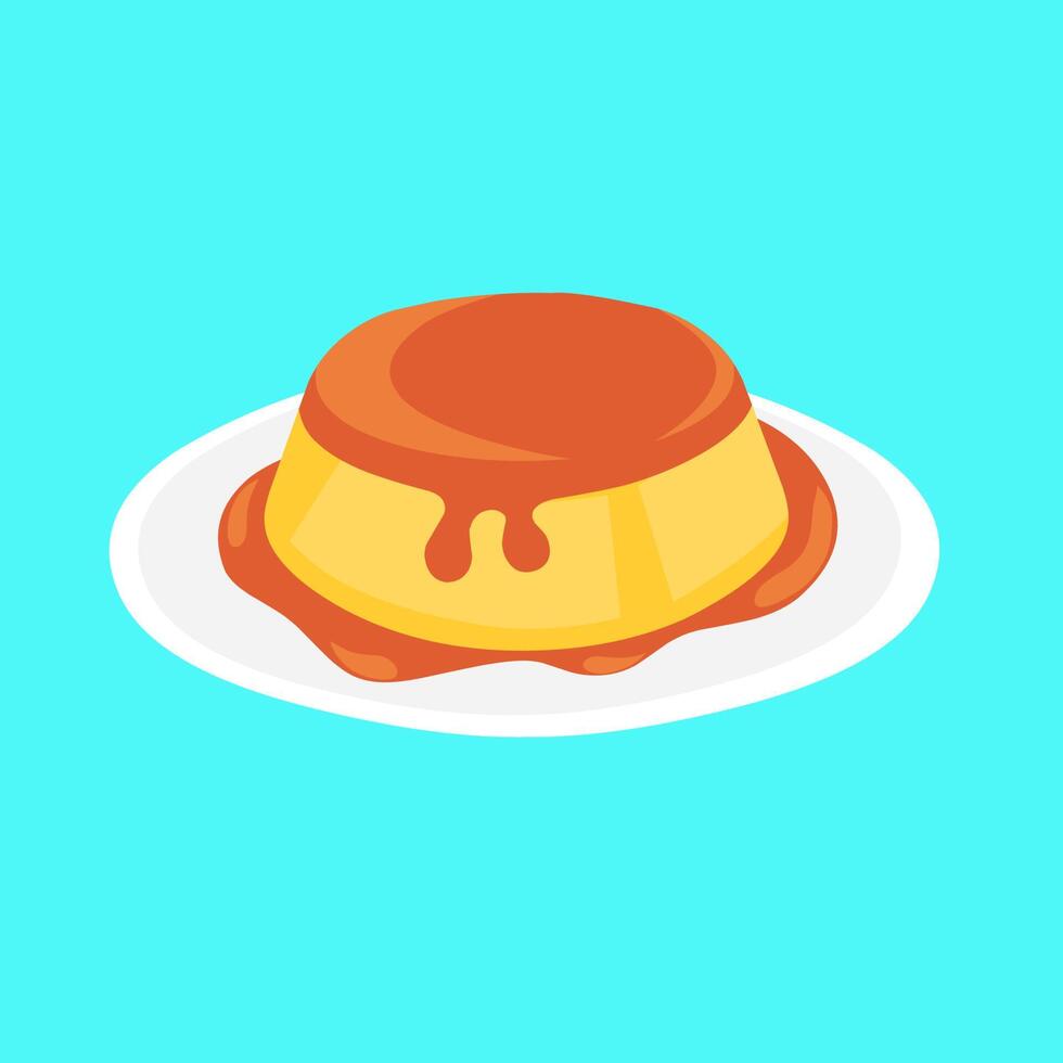 Custard pudding with melted caramel. Design in cartoon style isolated on blue background. It is perfect for a sweet dessert. Vector illustration.