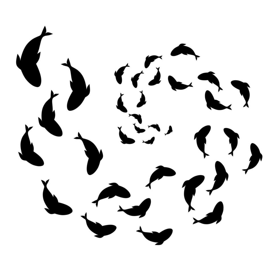 Minimalist design of black fish group silhouette swimming in a spiral. Isolated on a white background. Great for marine life background logos. Vector illustration.