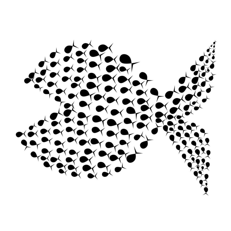 un grupo de peces pequeños se unen en un pez grande. Ilustración de concepto de colaboración y trabajo en equipo de peces pequeños. silueta de pez aislada en un fondo blanco. vector