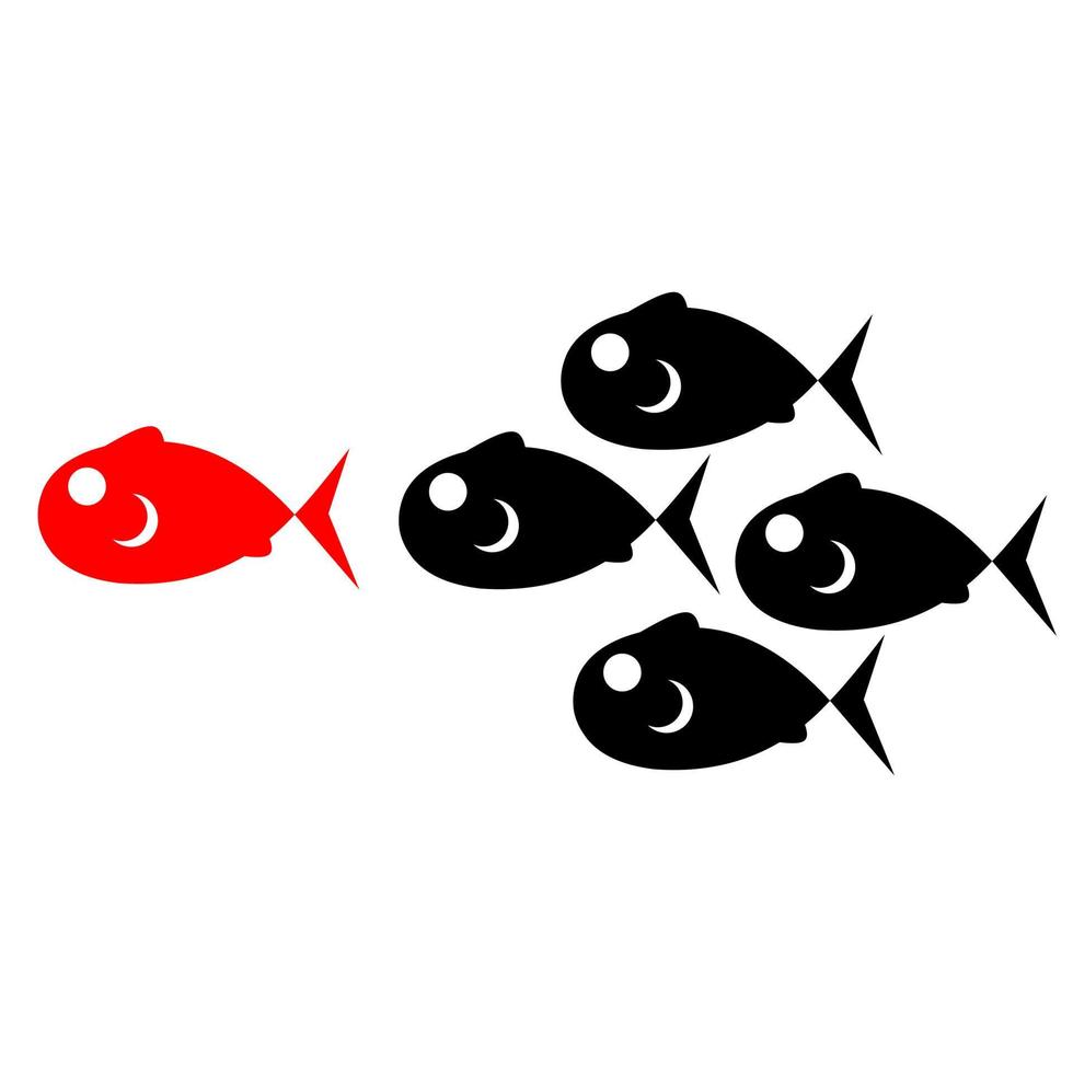 Vector illustration of a colony of fish swimming following their leader. Black fish design concept following red fish. Isolated on a white background. Great for logos about the sea.