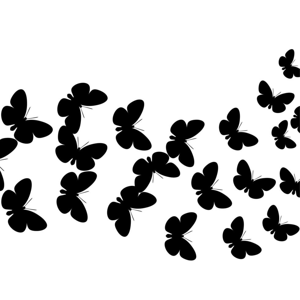 Vector illustration of black butterfly group silhouette. Fly with the herd. Isolated on a white background.