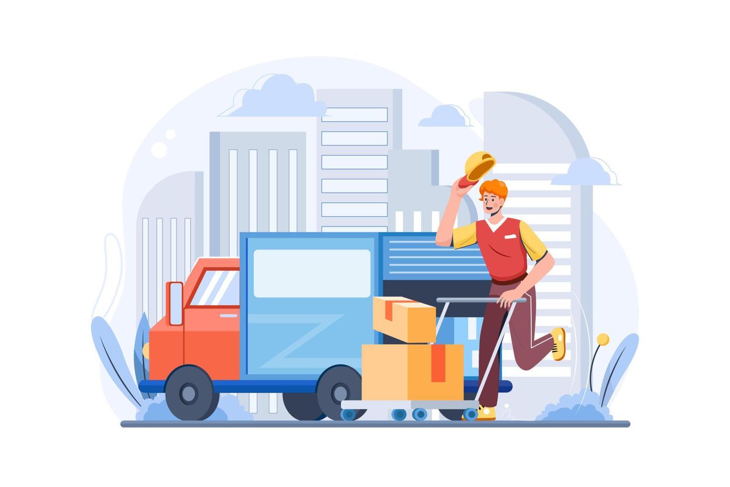 Caucasian deliveryman wheeling trolley with carton boxes vector