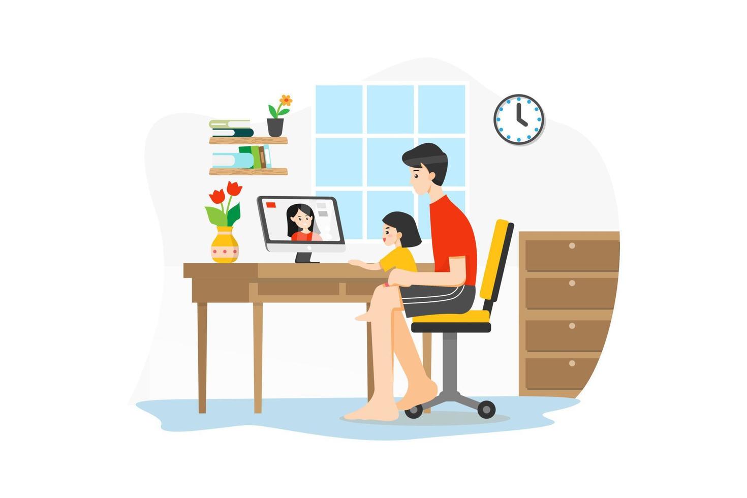 A man and his daughter sitting in the study room at home having a video call with the mother vector