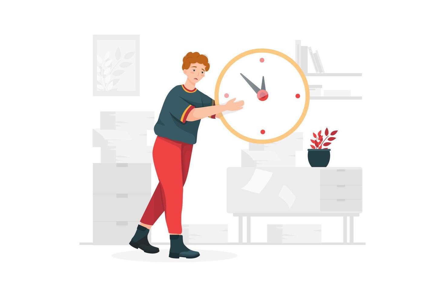 Confused man trying to adjust the big clock vector