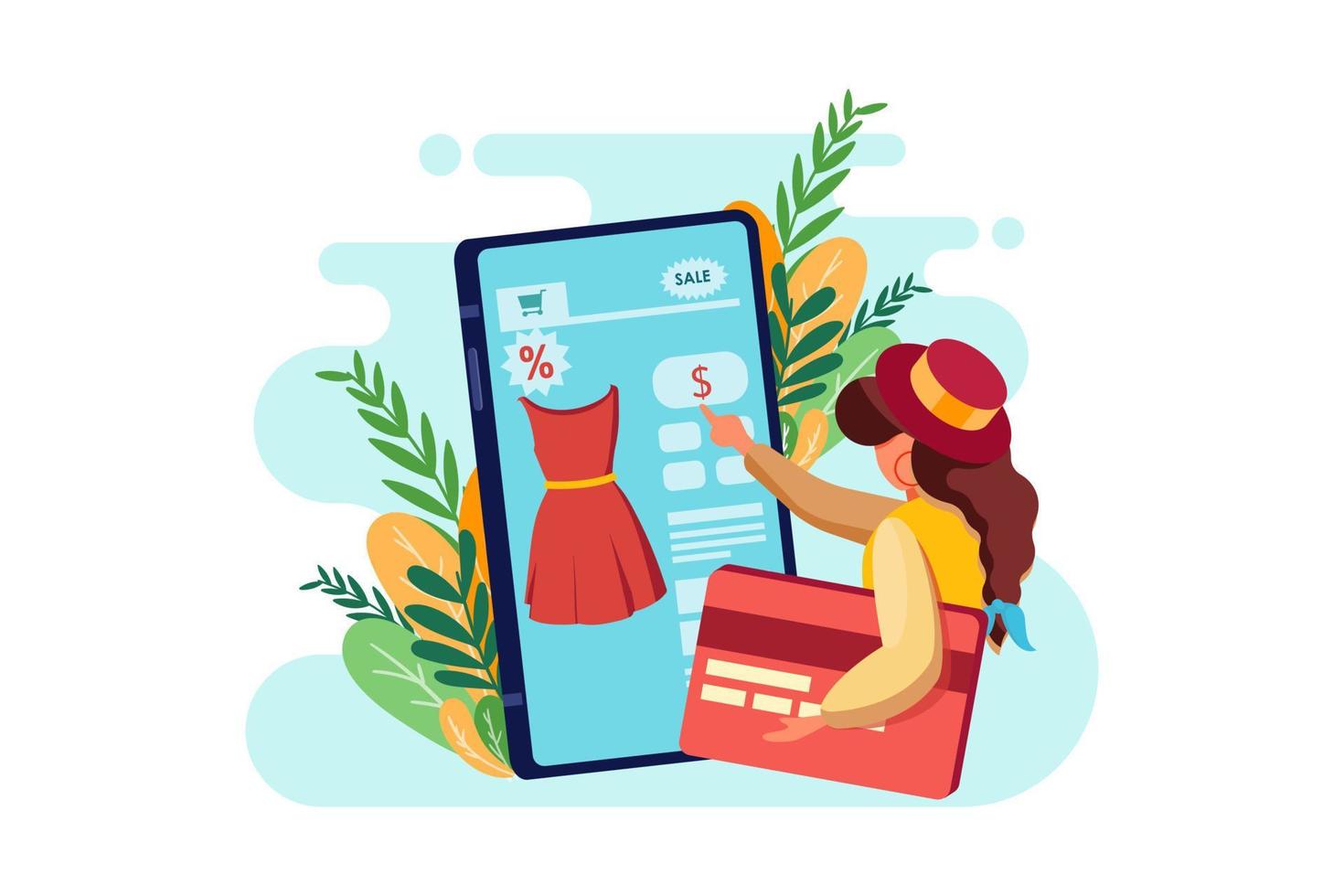 A woman buys cloth in a mobile online shop vector