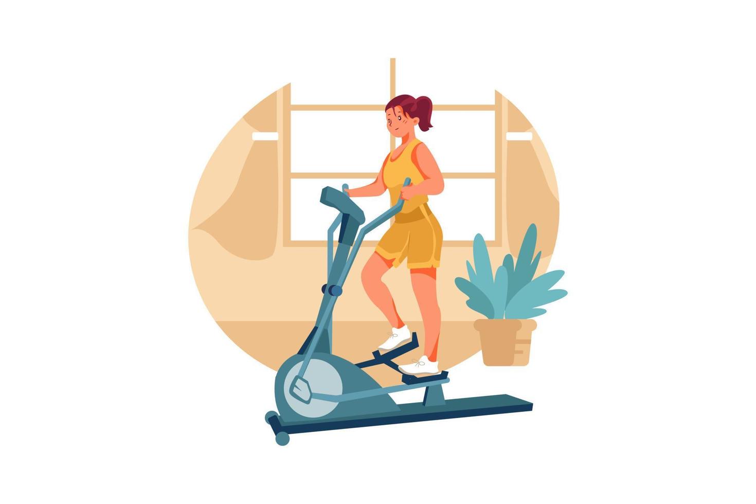 Girl works out on stepper machine in room vector