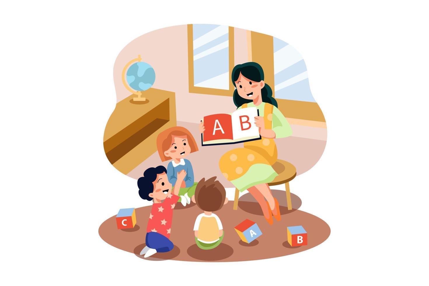 maestra de guardería enseñando alfabetos a niños vector