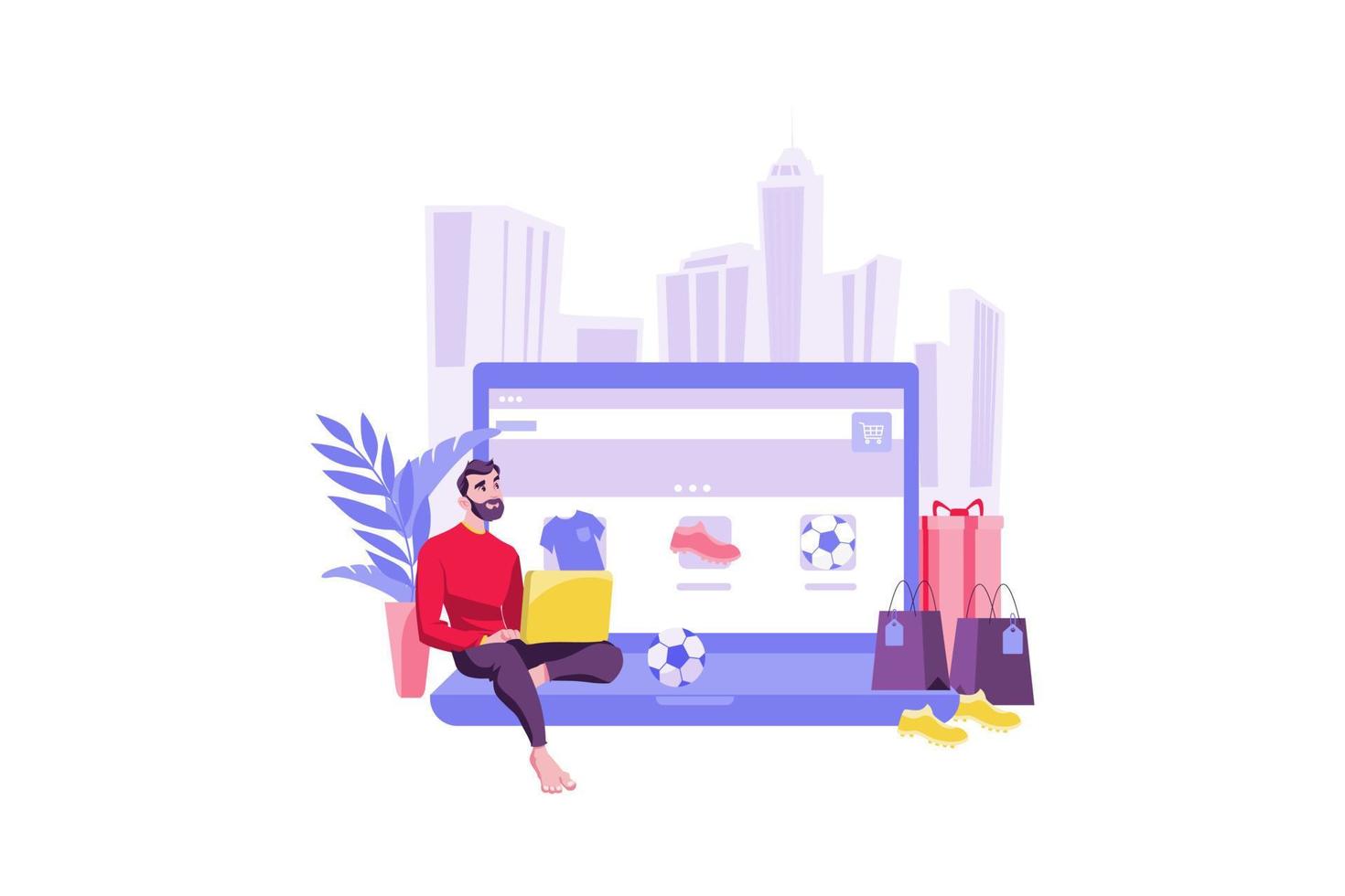 Young happy bearded man using the laptop for shopping vector