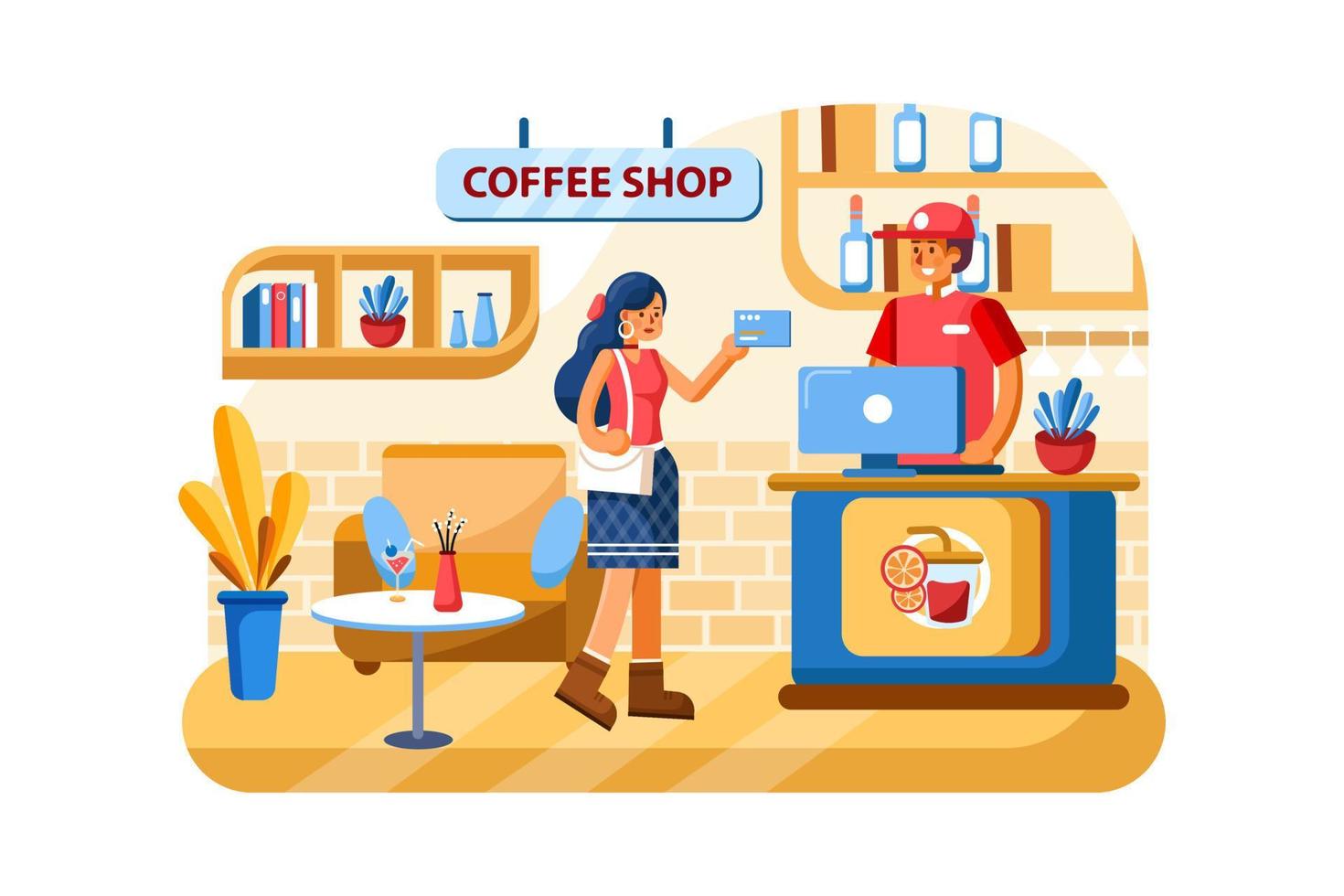 Credit card payment system with Coffee shop on the background. vector