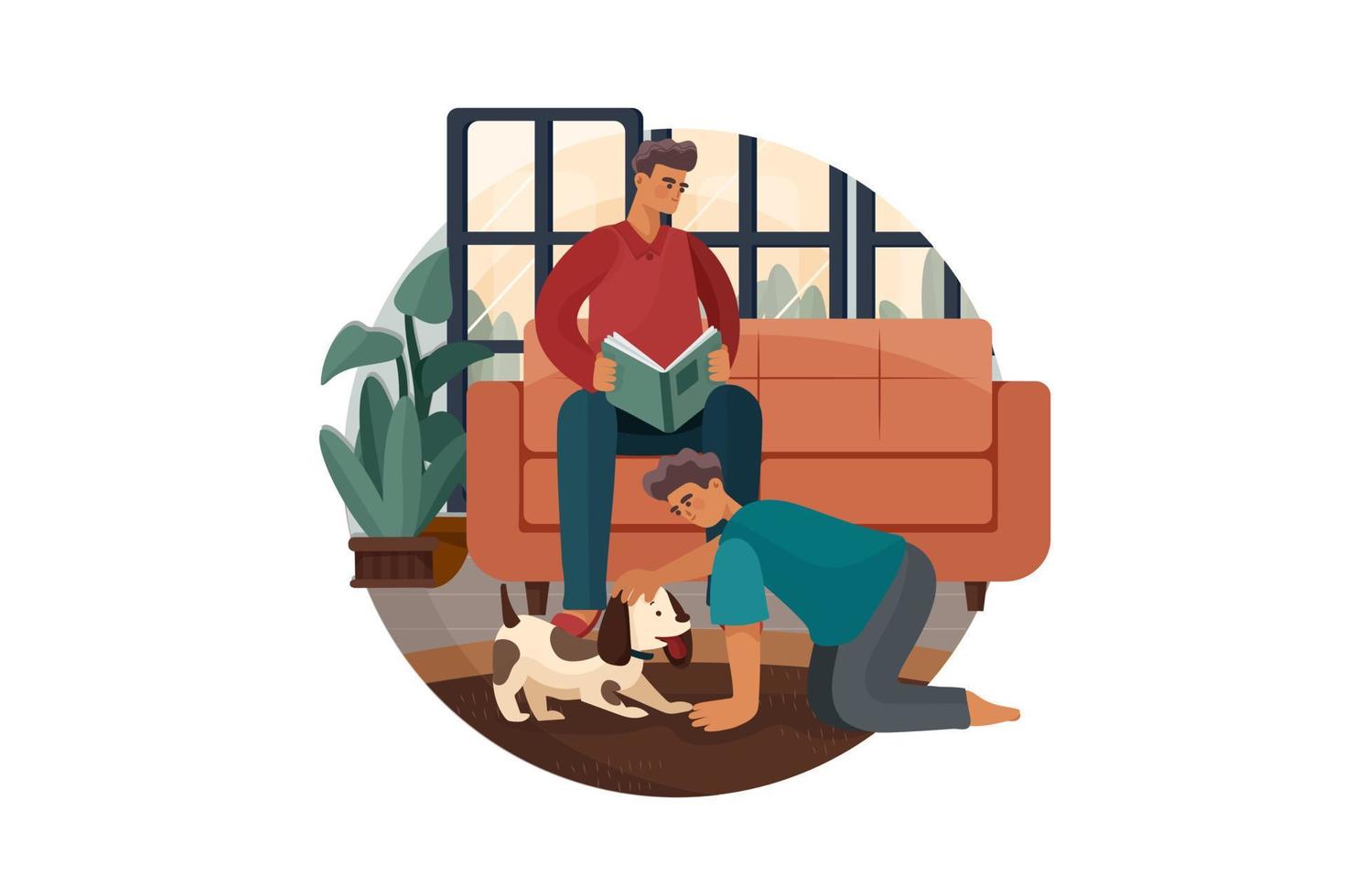 hombre leyendo un libro mientras su hijo juega con el perro vector