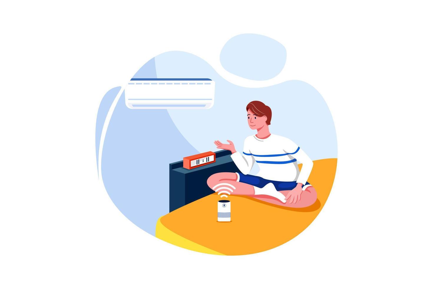 Man sitting on bed using conditioner and clock controlled by smart house speaker voice recognition vector