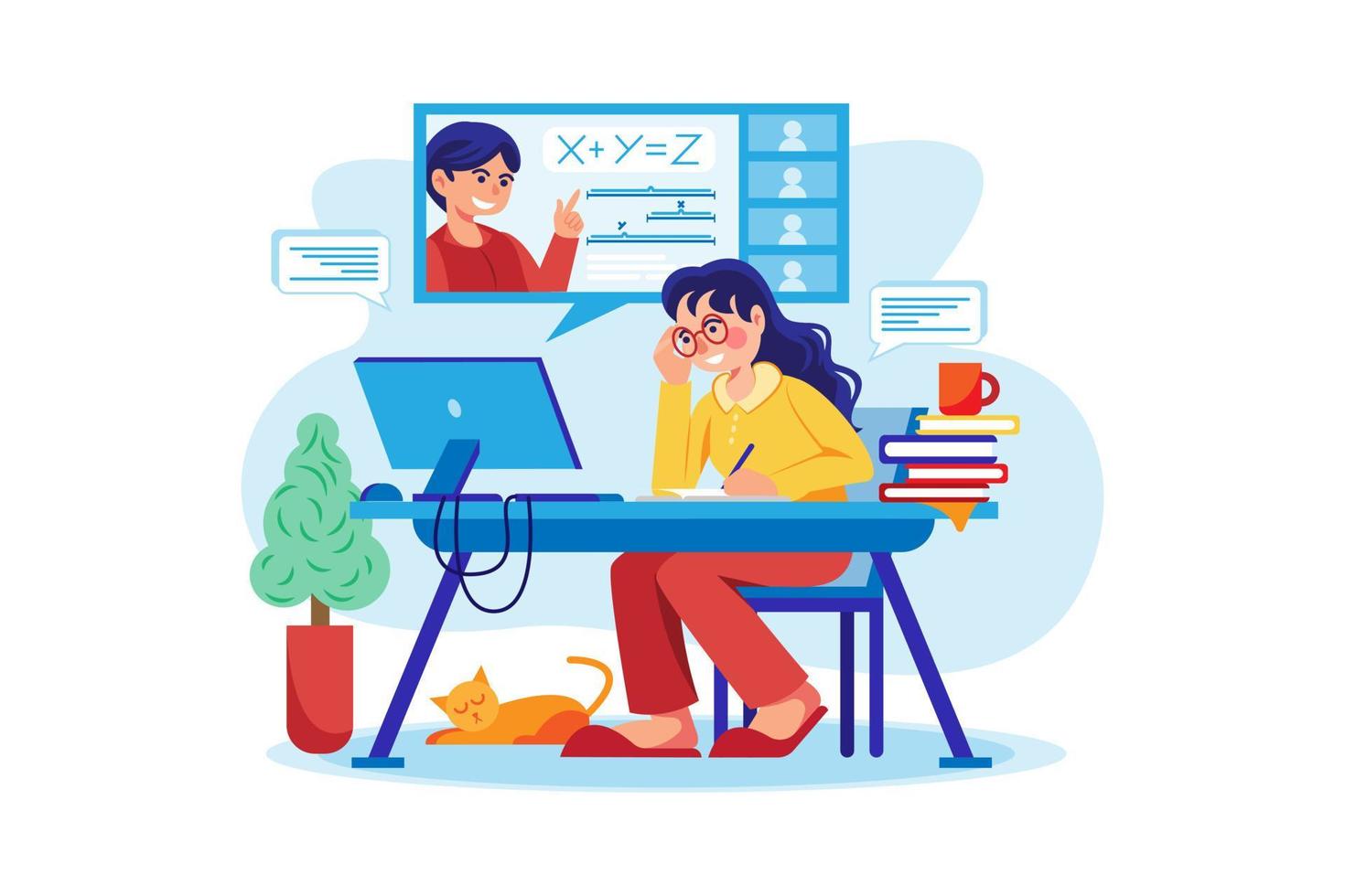 Young woman with glasses studying online vector