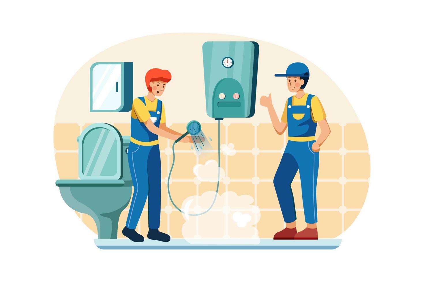 Plumbers are checking if the water heater is still working well. vector