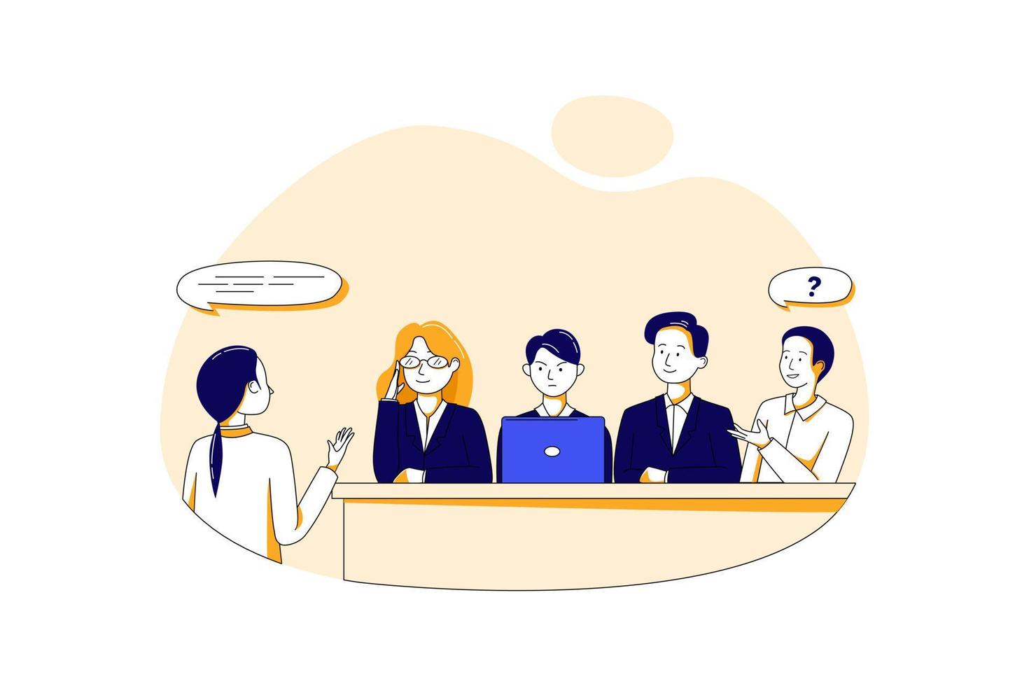 Woman during job interview and four elegant members of management vector