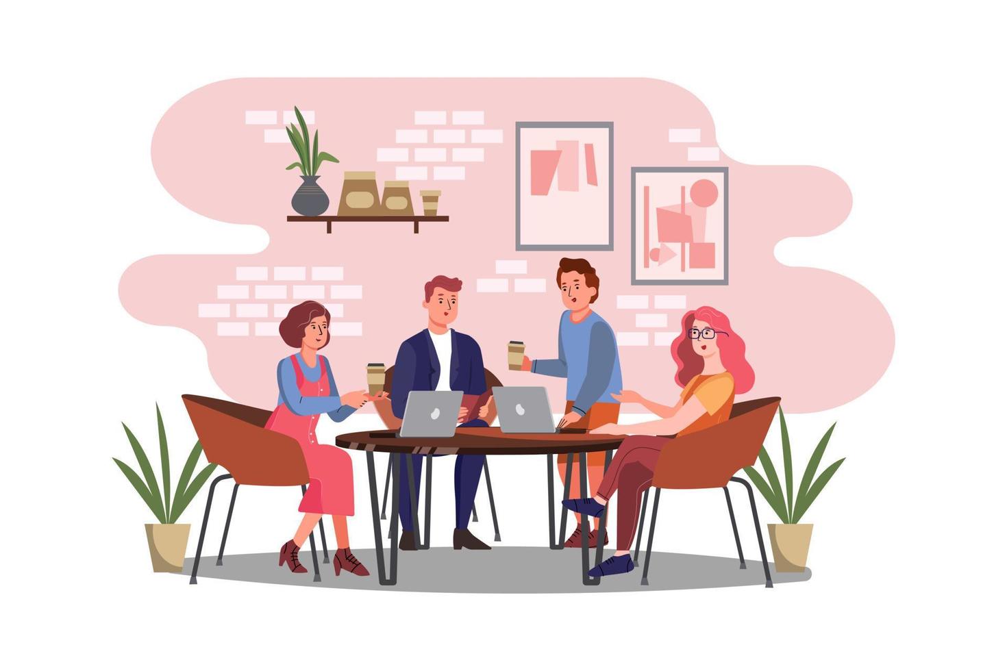 Young people communicating and working at the modern coffeehouses. vector