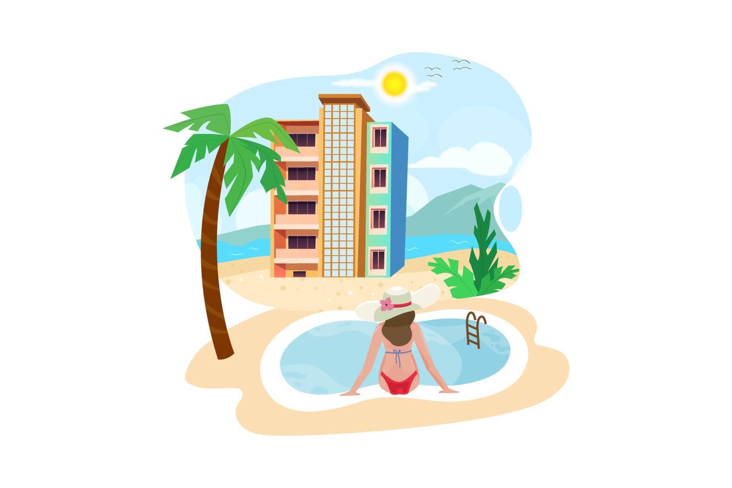 mujer disfrutando de unas vacaciones en un lujoso complejo hotelero frente al mar con piscina y paisaje tropical cerca de la playa. vector