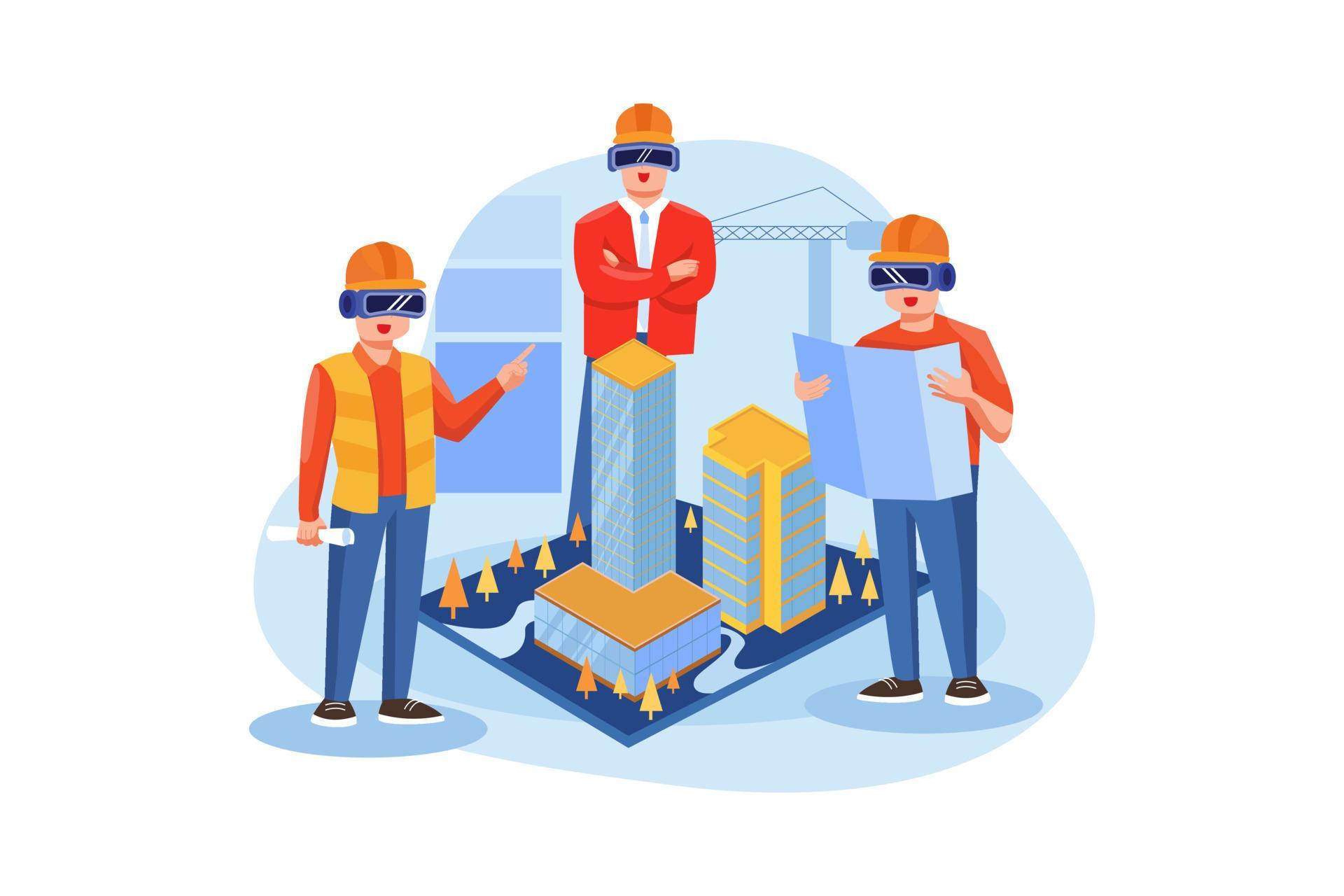 Builders Create Building Plans Using VR Tech 8515950 Vector Art at Vecteezy