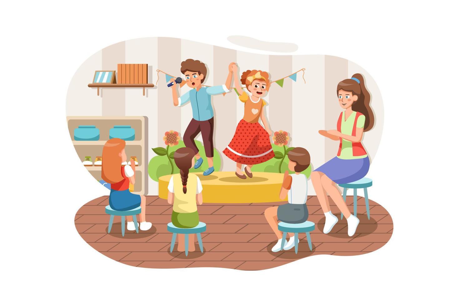 Cute boy and girl performing in front of friends and schoolmates. vector