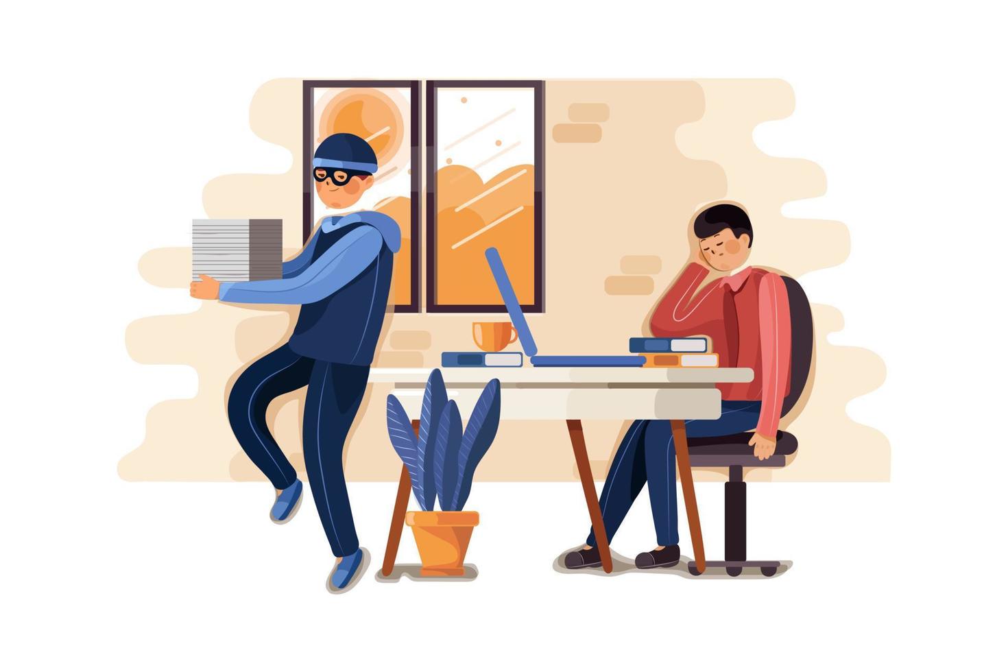 Stealing documents crime illustration. Sleeping businessman unaware of felonious corporate paper taking, masked thief commits confidential protected data robbery in office. vector