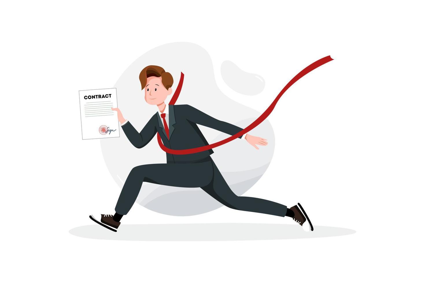 Businessman with contract in hand at a finishing line. Concept of successful business. vector