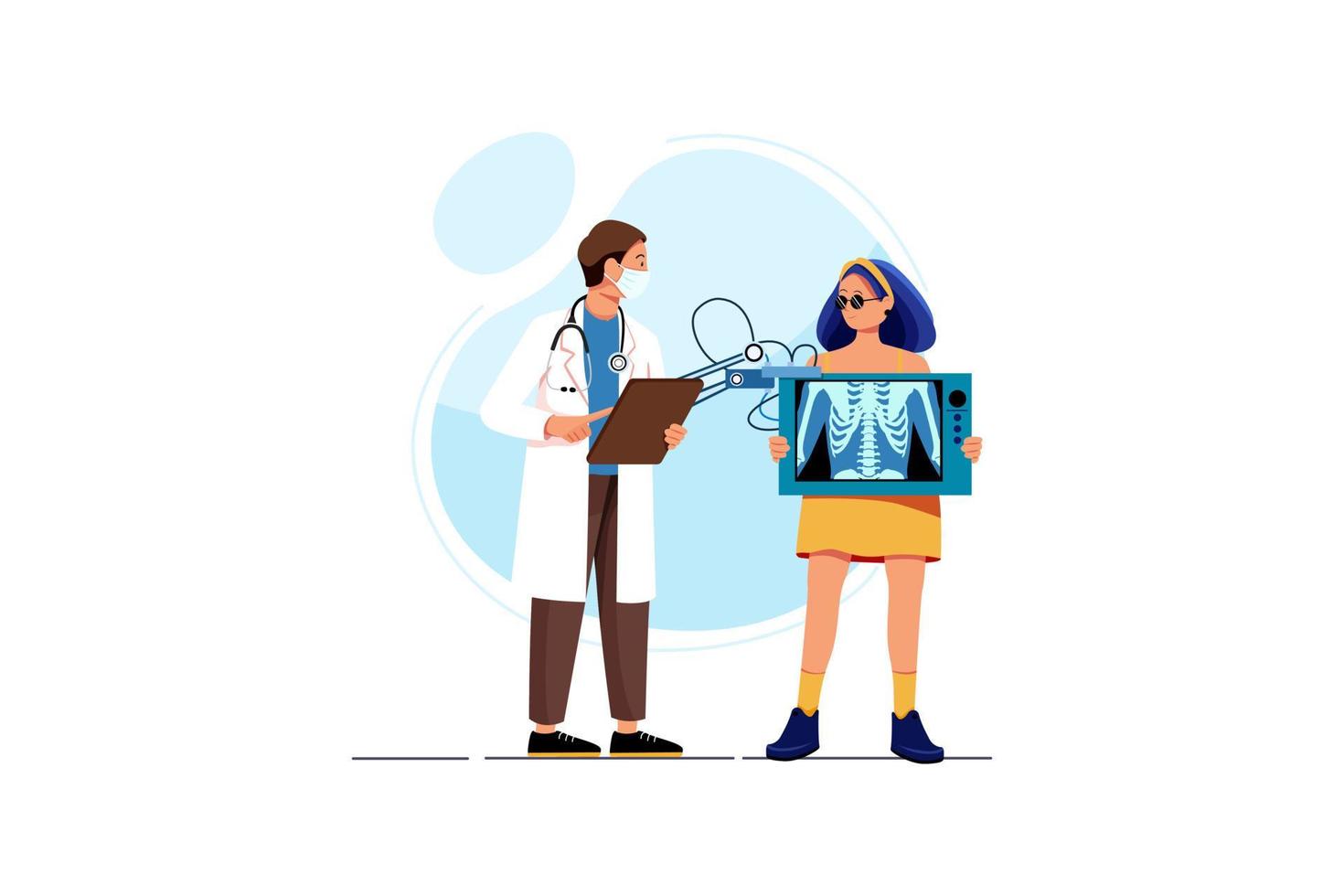 Young woman with stylish clothes and glasses near man doctor with x-ray. vector