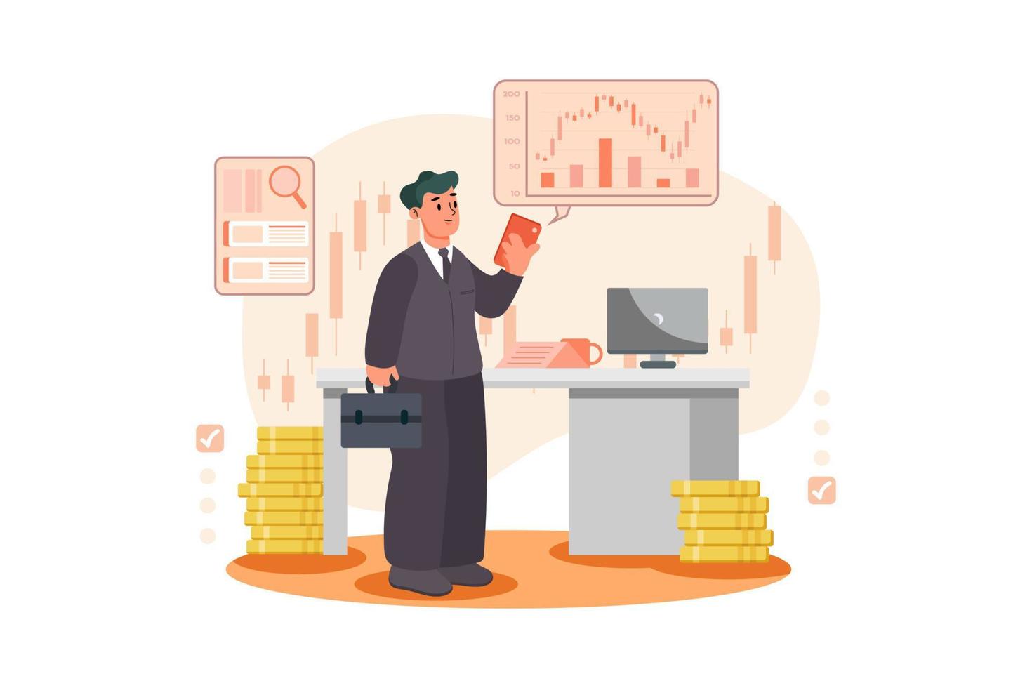A man is consulting the stock market before going to work vector