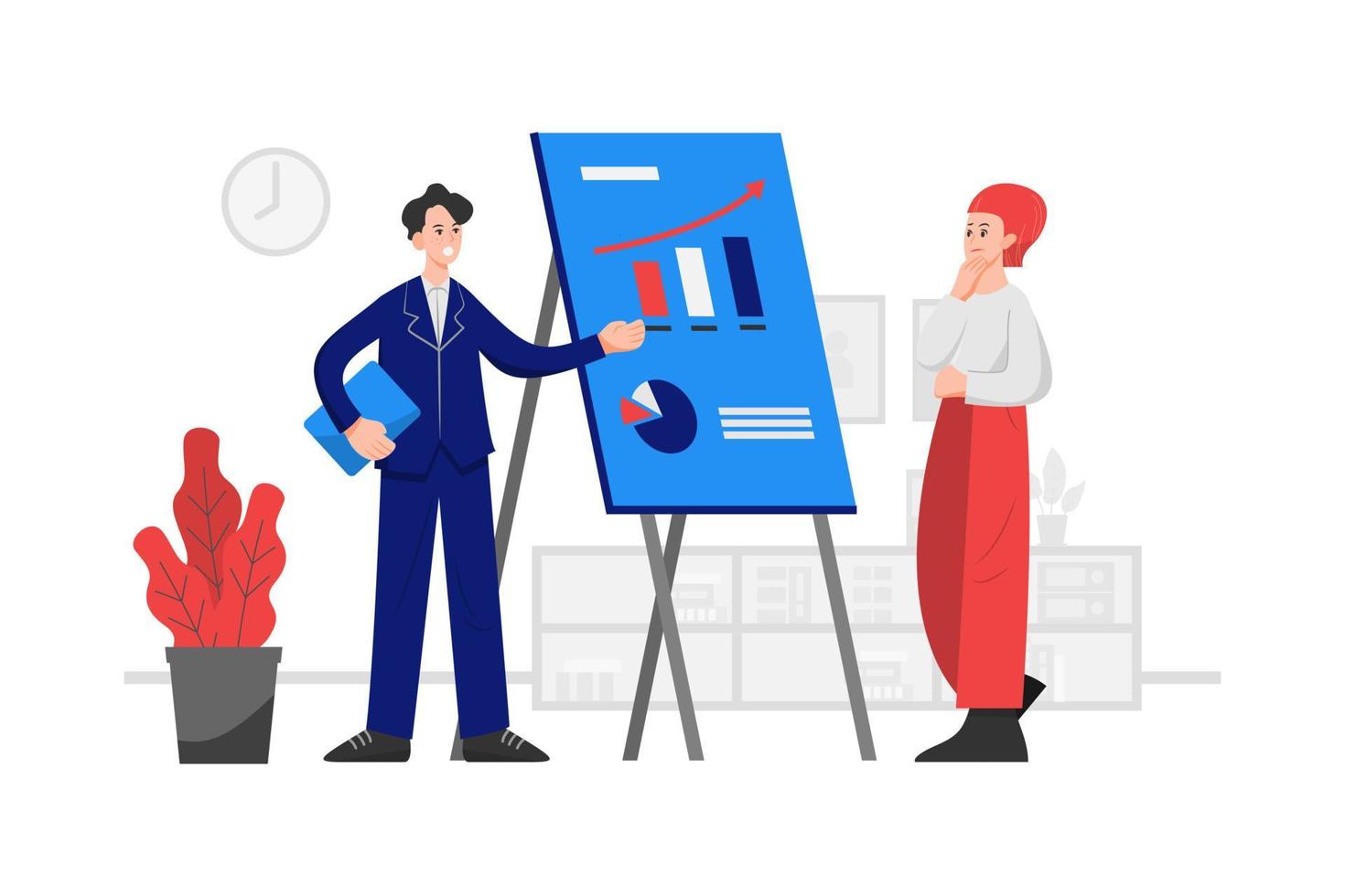 Two employees in a meeting room with a table showing a bar chart and a pie chart vector