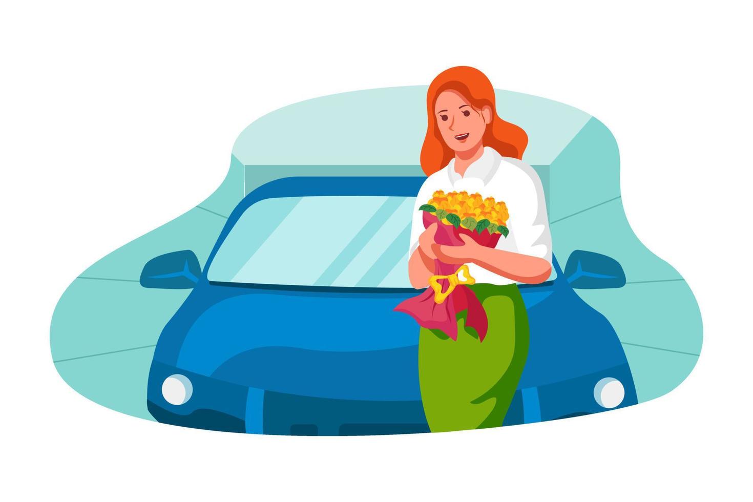 mujer con flores en una sala de exposición de automóviles vector