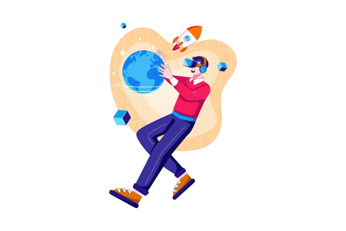 Businessman using VR headset with global communication technology vector