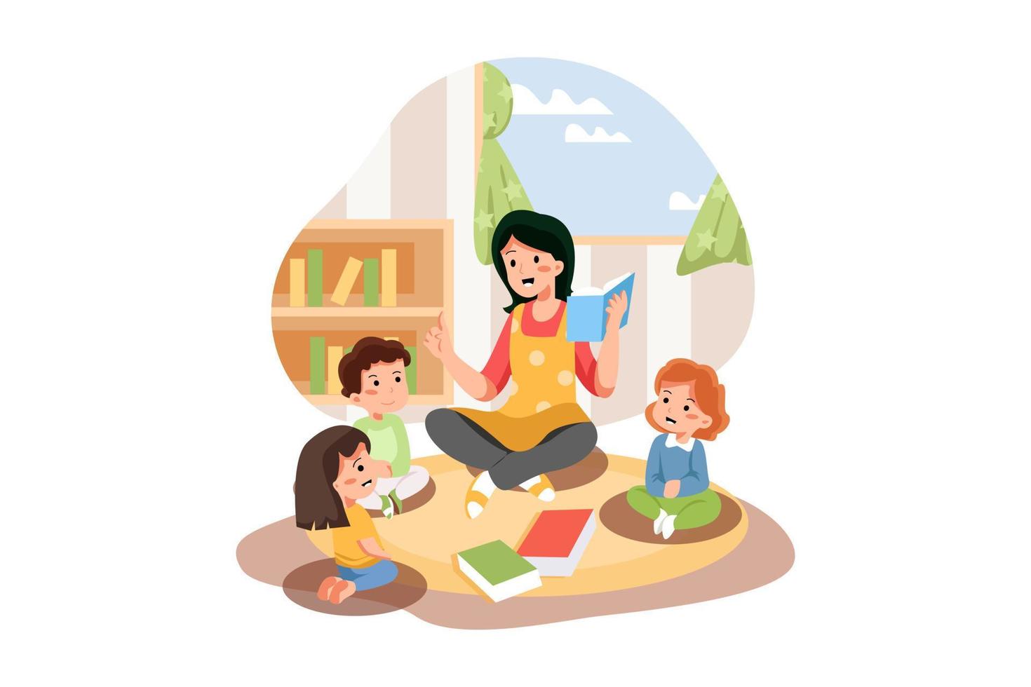 Playschool Teacher Telling Stories From Book To Kids vector