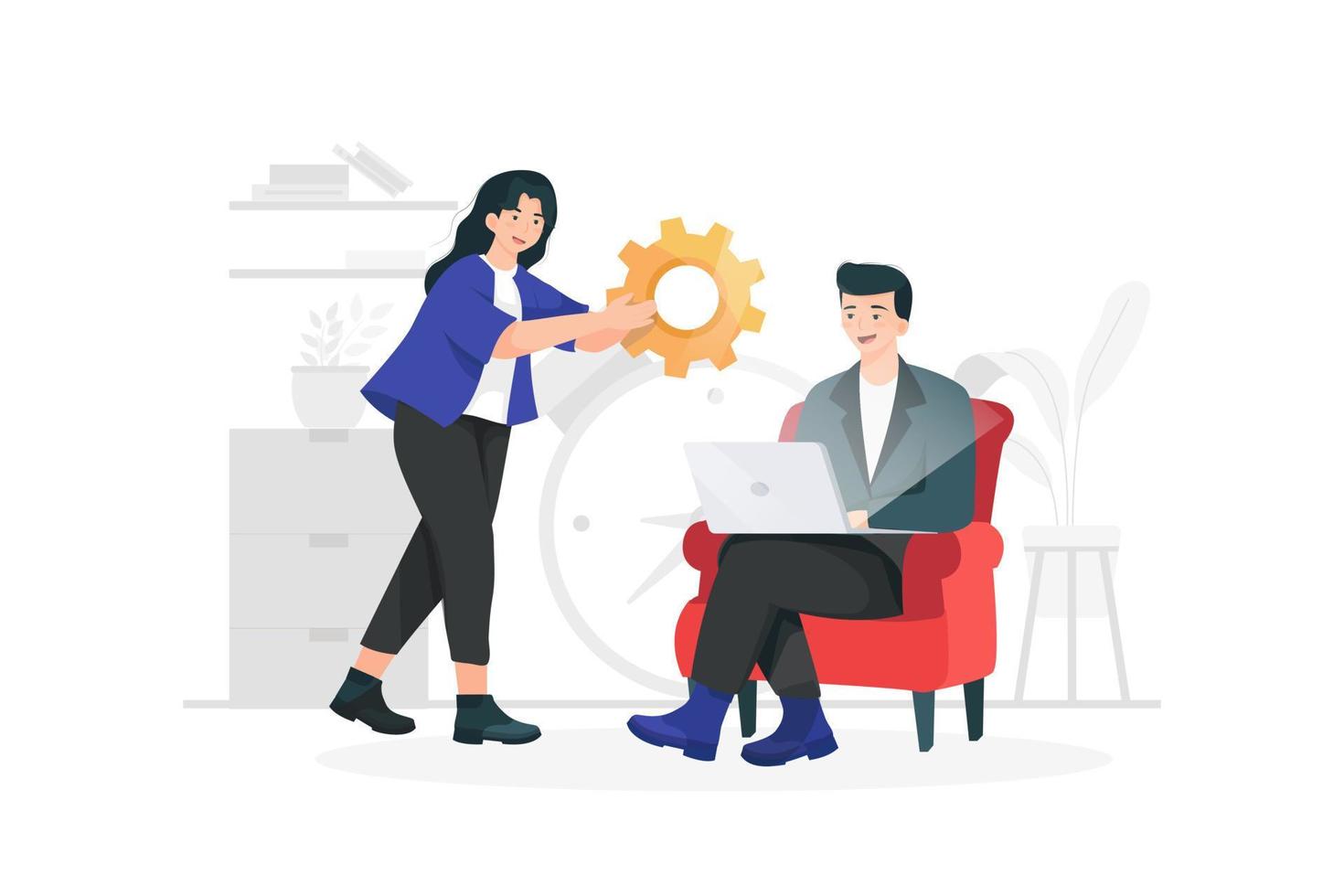 Woman giving businessman a big gear. vector