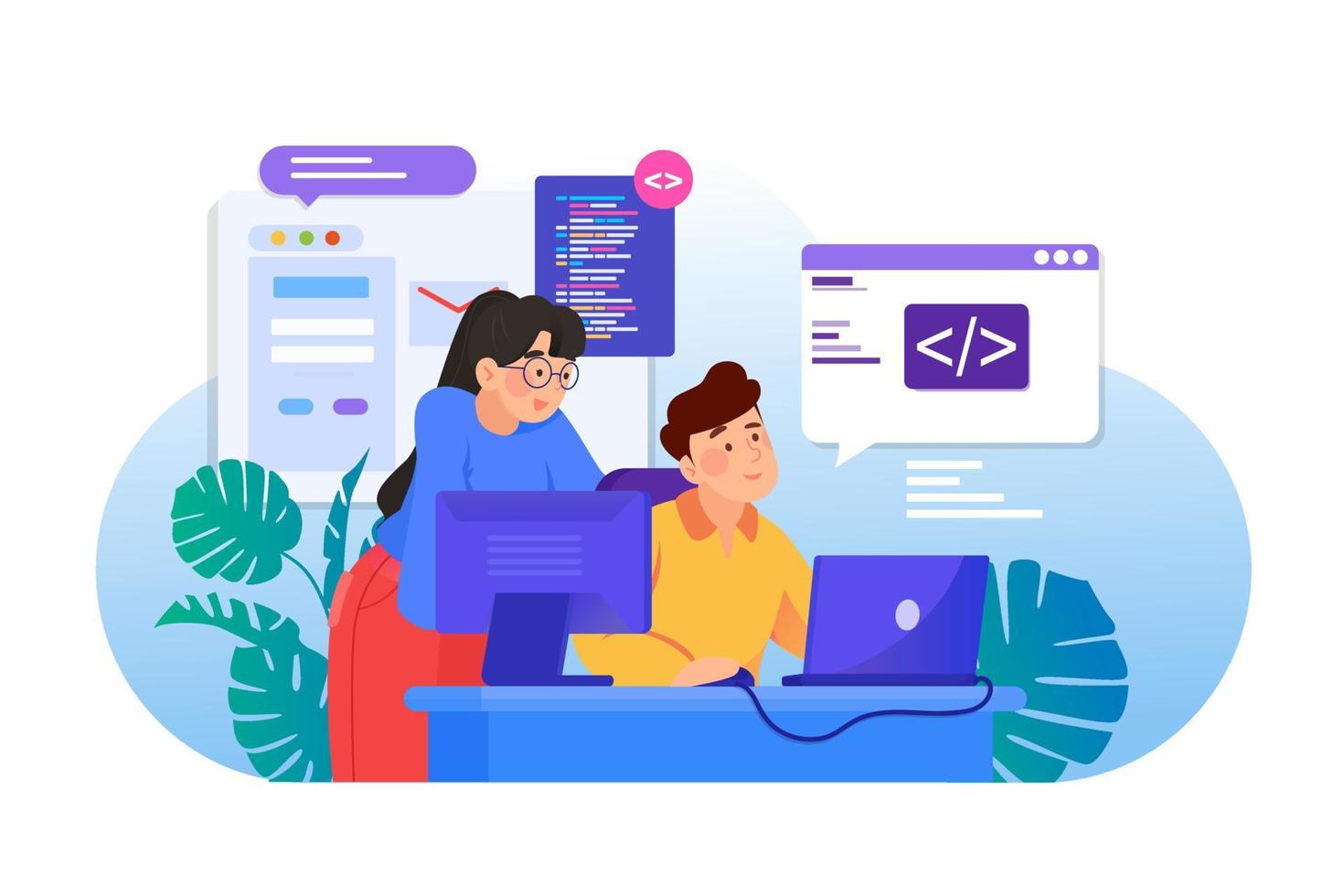 hombre y mujer están trabajando juntos en la programación vector