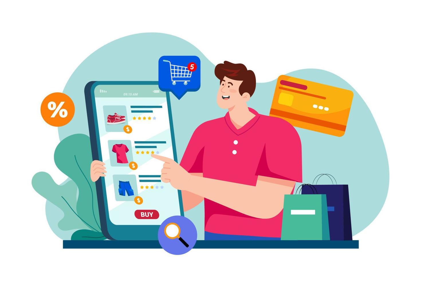 Man buying goods via the internet app vector
