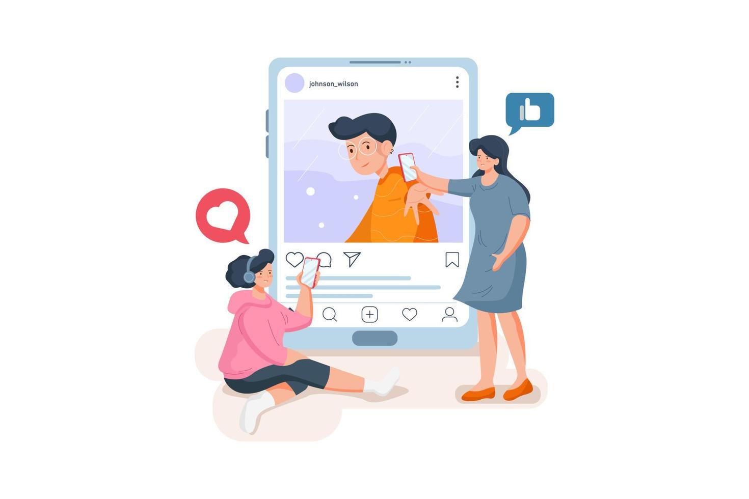 Two girls interacting with the boy's post. vector