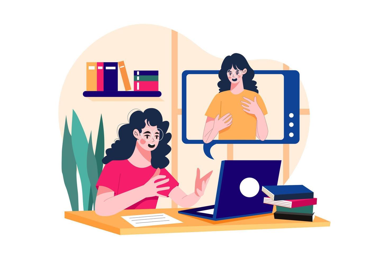 The woman learns communication skills in the online class vector